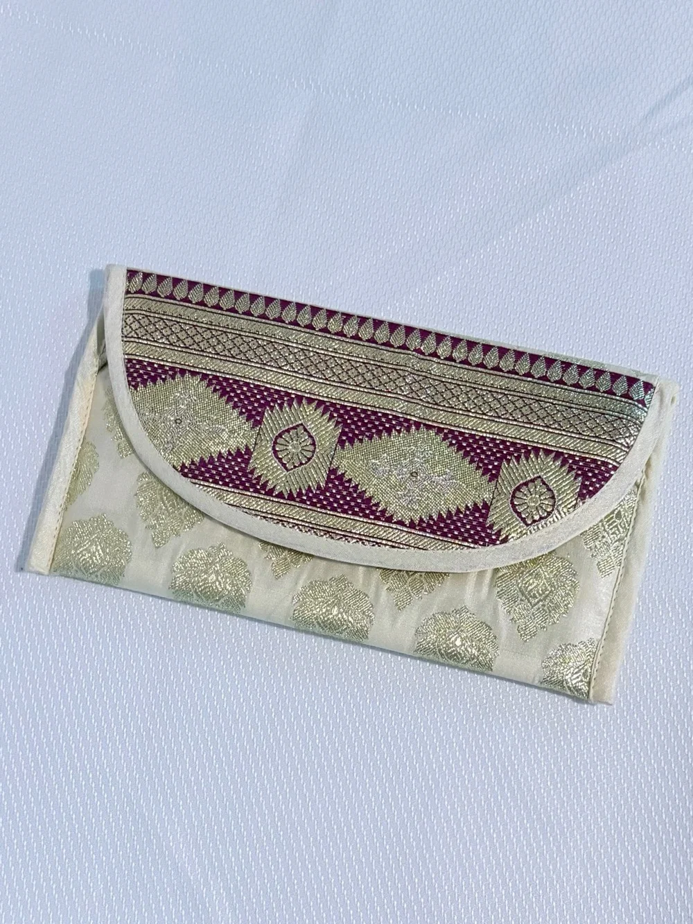 Elegant Cream,Purple & Gold Brocade Clutch Bag